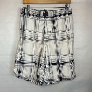 Ocean Pacific OP Mens Black Gray White Plaid Swimwear Swim Trunks Board Shorts M